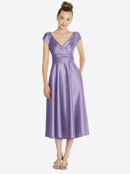 【STYLE: TH091】Cap Sleeve Faux Wrap Satin Midi Dress with Pockets【COLOR: Passion】