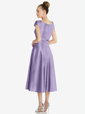 【NEW】【STYLE: TH091】キャップ スリーブ フェイク ラップ サテン MIDI ドレス ポケット付き【COLOR: Passion】【SIZE: 00-30W】