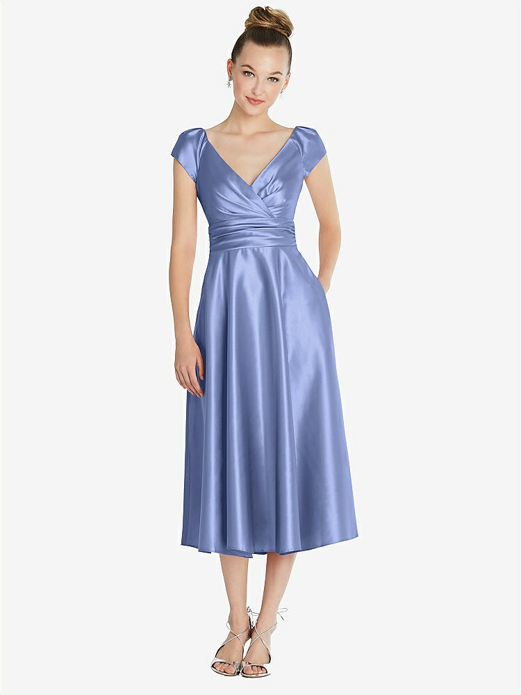 【STYLE: TH091】Cap Sleeve Faux Wrap Satin Midi Dress with Pockets【COLOR: Periwinkle - PANTONE Serenity】