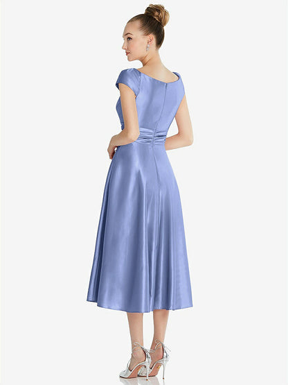 【STYLE: TH091】Cap Sleeve Faux Wrap Satin Midi Dress with Pockets【COLOR: Periwinkle - PANTONE Serenity】