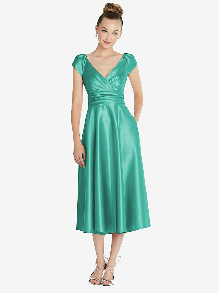 【STYLE: TH091】Cap Sleeve Faux Wrap Satin Midi Dress with Pockets【COLOR: Pantone Turquoise】