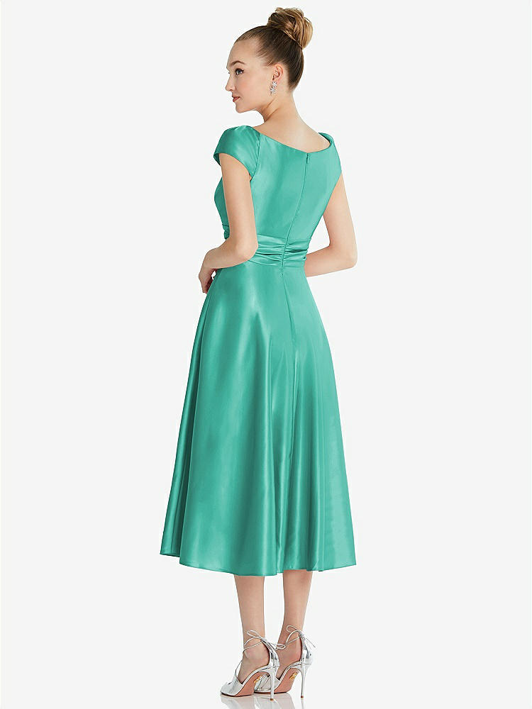 【STYLE: TH091】Cap Sleeve Faux Wrap Satin Midi Dress with Pockets【COLOR: Pantone Turquoise】