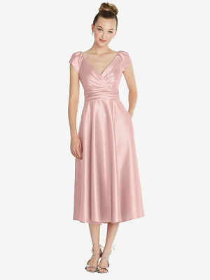 【STYLE: TH091】Cap Sleeve Faux Wrap Satin Midi Dress with Pockets【COLOR: Rose - PANTONE Rose Quartz】