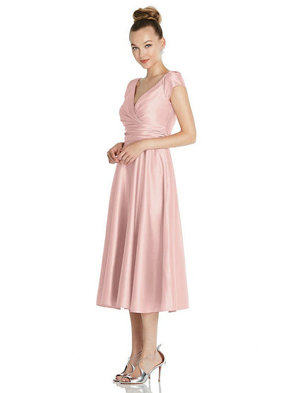 【STYLE: TH091】Cap Sleeve Faux Wrap Satin Midi Dress with Pockets【COLOR: Rose - PANTONE Rose Quartz】
