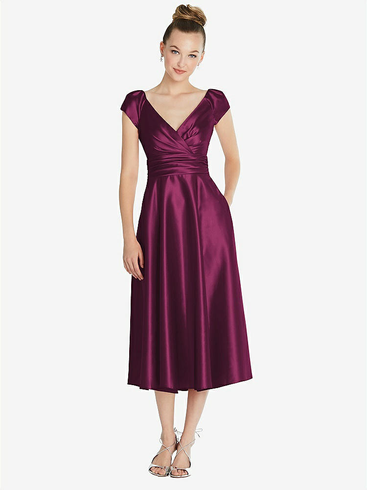 【STYLE: TH091】Cap Sleeve Faux Wrap Satin Midi Dress with Pockets【COLOR: Ruby】
