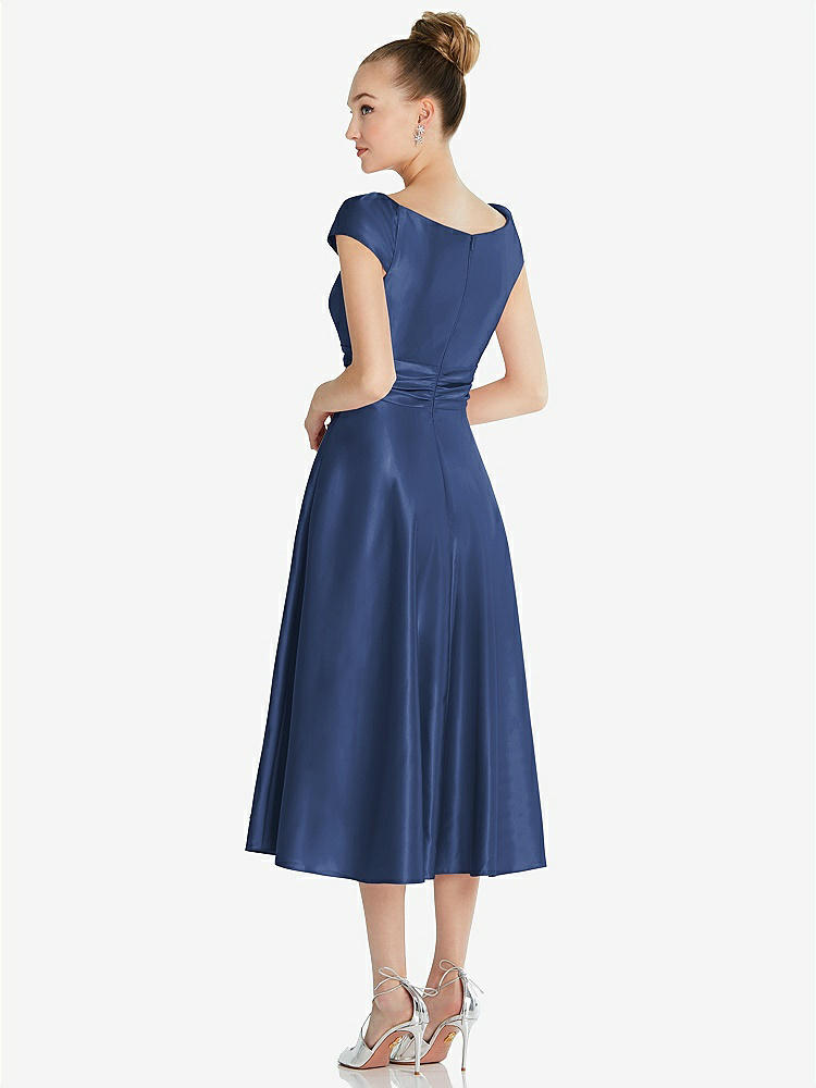 【STYLE: TH091】Cap Sleeve Faux Wrap Satin Midi Dress with Pockets【COLOR: Sailor】
