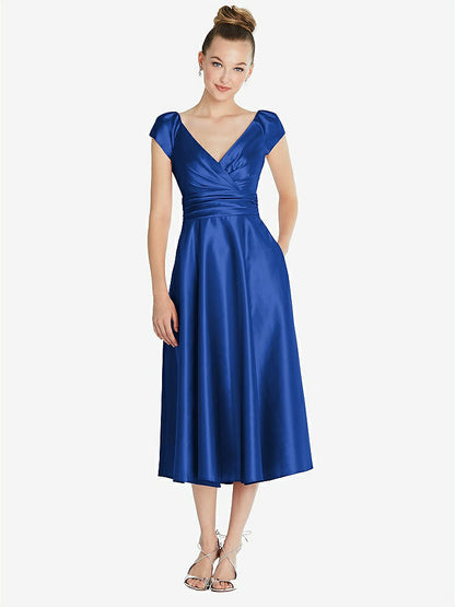 【STYLE: TH091】Cap Sleeve Faux Wrap Satin Midi Dress with Pockets【COLOR: Sapphire】