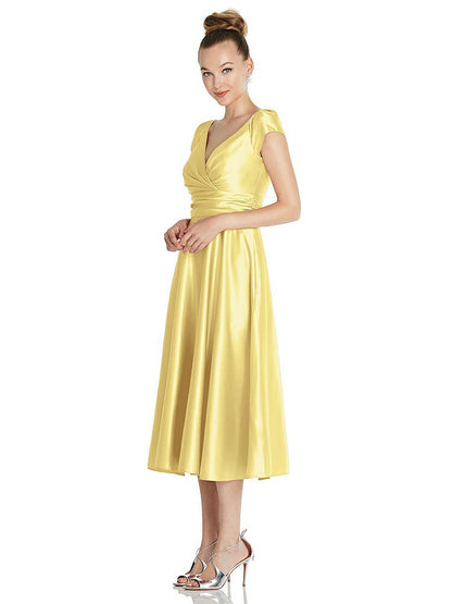 【STYLE: TH091】Cap Sleeve Faux Wrap Satin Midi Dress with Pockets【COLOR: Sunflower】