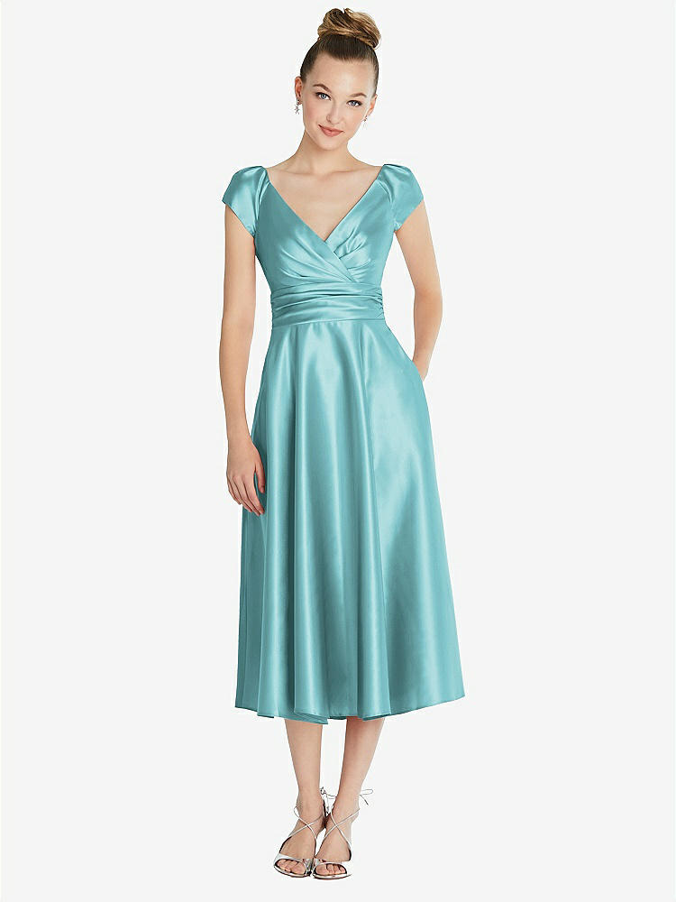 【STYLE: TH091】Cap Sleeve Faux Wrap Satin Midi Dress with Pockets【COLOR: Spa】