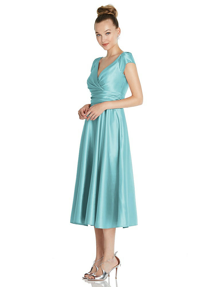 【STYLE: TH091】Cap Sleeve Faux Wrap Satin Midi Dress with Pockets【COLOR: Spa】