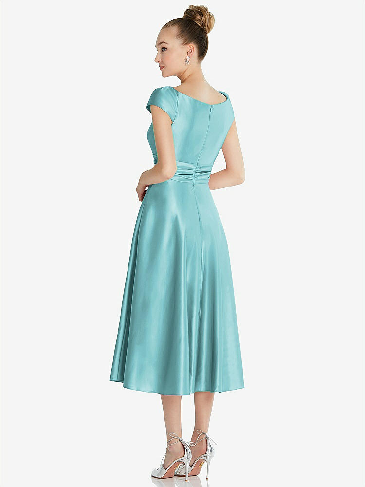 【STYLE: TH091】Cap Sleeve Faux Wrap Satin Midi Dress with Pockets【COLOR: Spa】