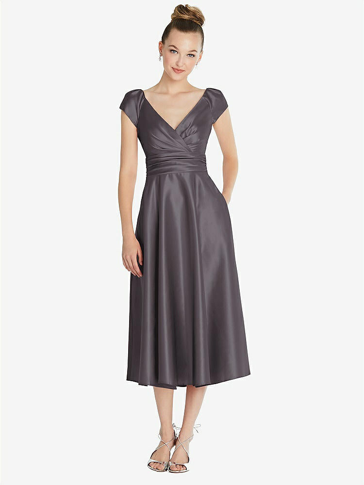 【STYLE: TH091】Cap Sleeve Faux Wrap Satin Midi Dress with Pockets【COLOR: Stormy】