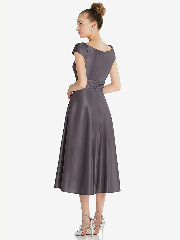 【STYLE: TH091】Cap Sleeve Faux Wrap Satin Midi Dress with Pockets【COLOR: Stormy】