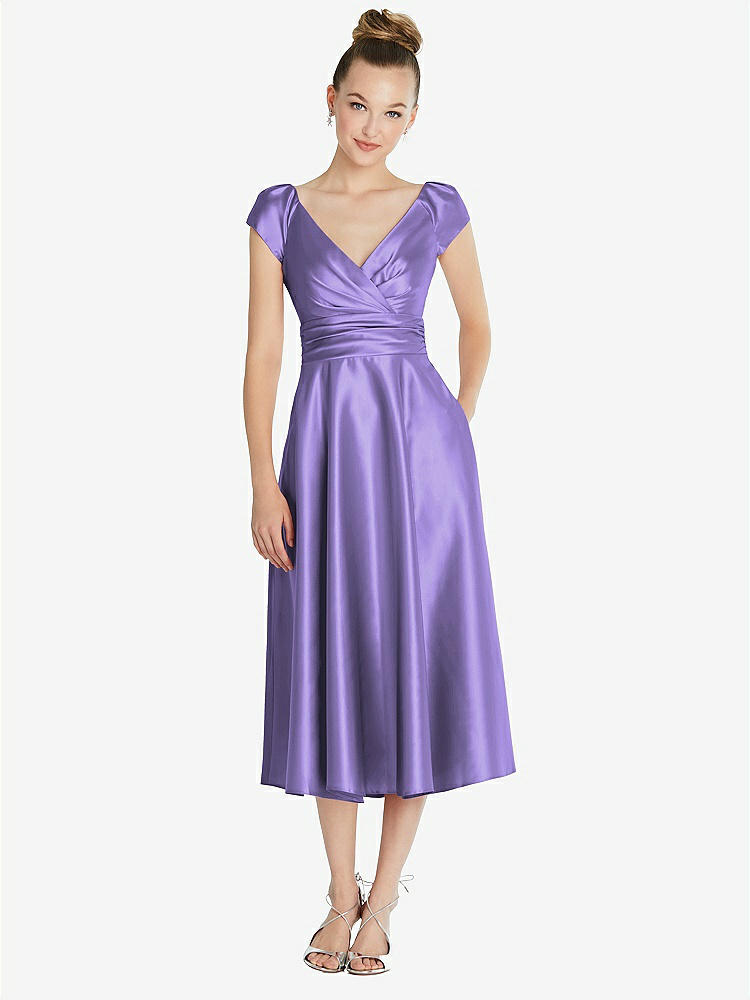 【STYLE: TH091】Cap Sleeve Faux Wrap Satin Midi Dress with Pockets【COLOR: Tahiti】