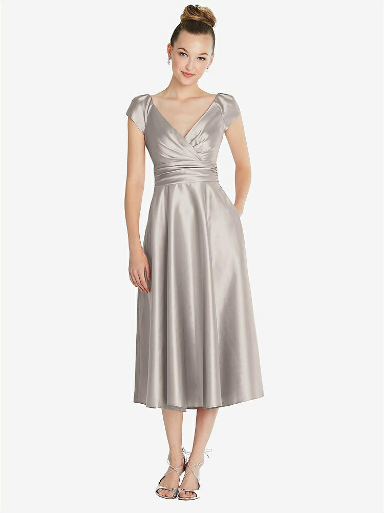 【STYLE: TH091】Cap Sleeve Faux Wrap Satin Midi Dress with Pockets【COLOR: Taupe】