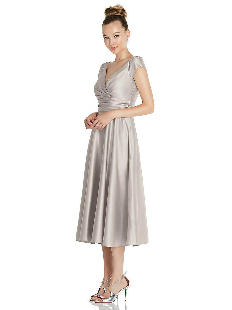 【STYLE: TH091】Cap Sleeve Faux Wrap Satin Midi Dress with Pockets【COLOR: Taupe】