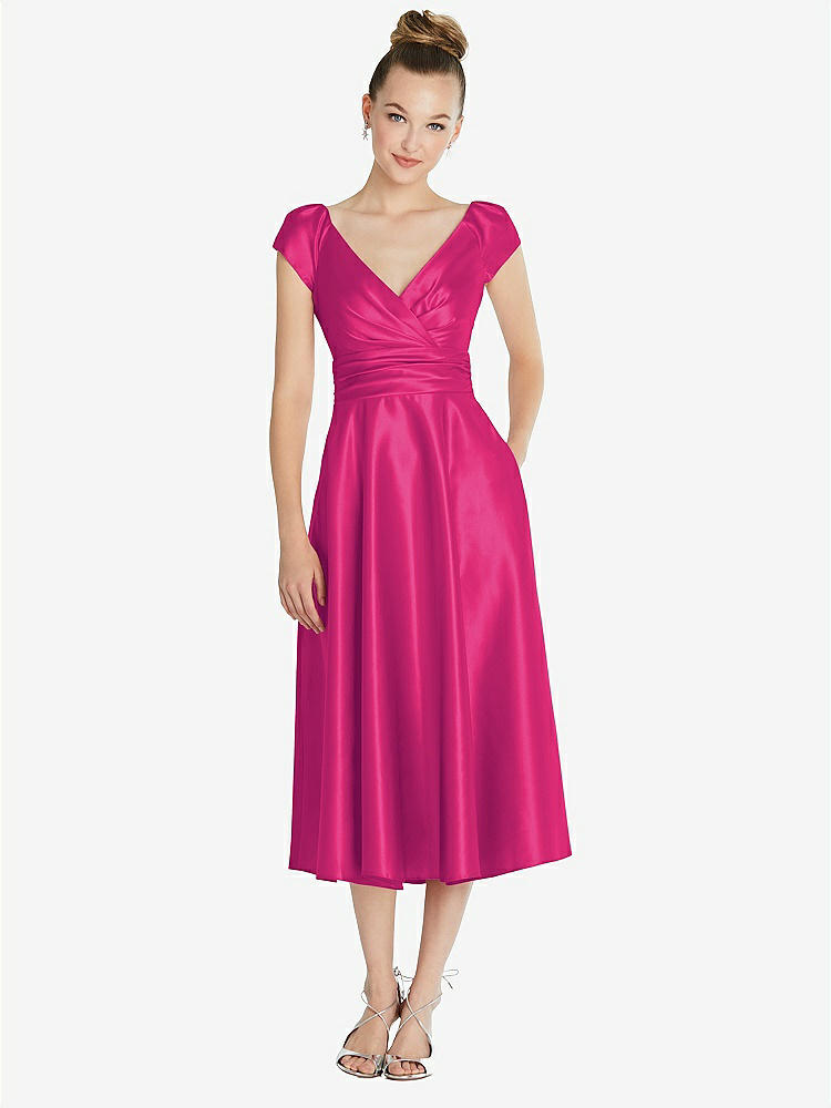 【STYLE: TH091】Cap Sleeve Faux Wrap Satin Midi Dress with Pockets【COLOR: Think Pink】