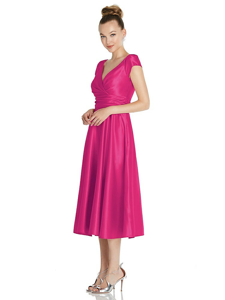 【STYLE: TH091】Cap Sleeve Faux Wrap Satin Midi Dress with Pockets【COLOR: Think Pink】