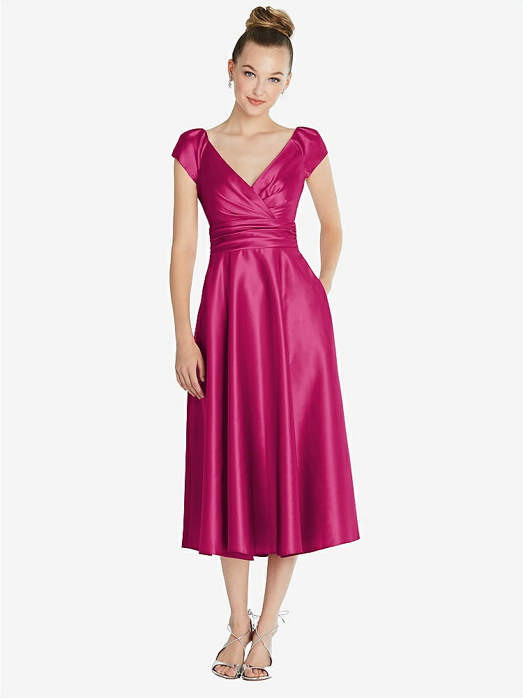 【STYLE: TH091】Cap Sleeve Faux Wrap Satin Midi Dress with Pockets【COLOR: Tutti Frutti】