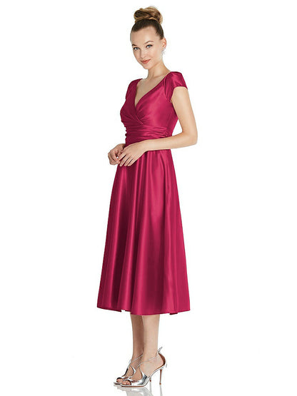 【STYLE: TH091】Cap Sleeve Faux Wrap Satin Midi Dress with Pockets【COLOR: Valentine】