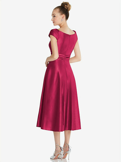 【STYLE: TH091】Cap Sleeve Faux Wrap Satin Midi Dress with Pockets【COLOR: Valentine】