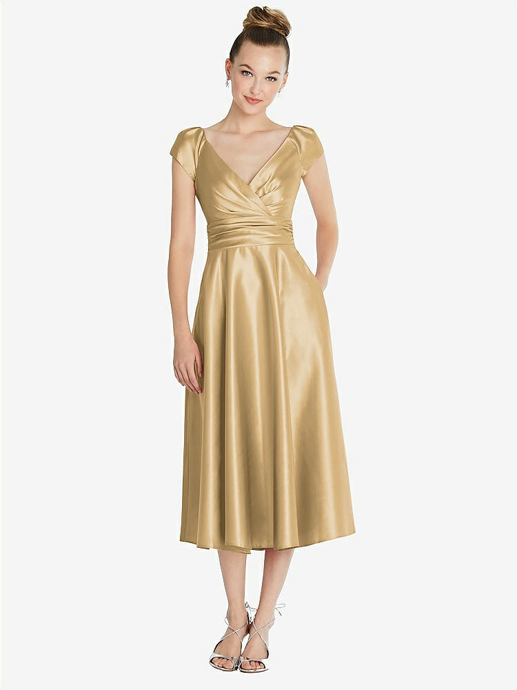 【STYLE: TH091】Cap Sleeve Faux Wrap Satin Midi Dress with Pockets【COLOR: Venetian Gold】