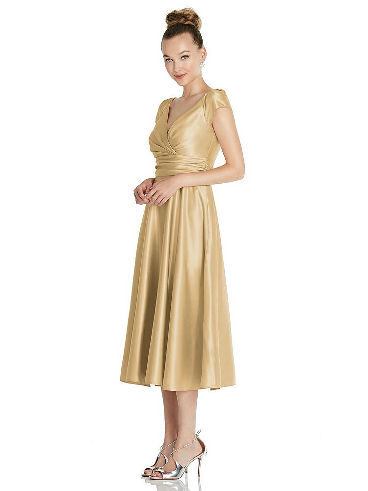 【STYLE: TH091】Cap Sleeve Faux Wrap Satin Midi Dress with Pockets【COLOR: Venetian Gold】