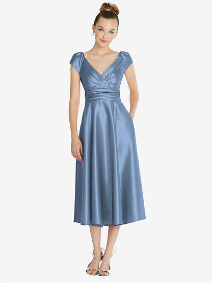 【STYLE: TH091】Cap Sleeve Faux Wrap Satin Midi Dress with Pockets【COLOR: Windsor Blue】