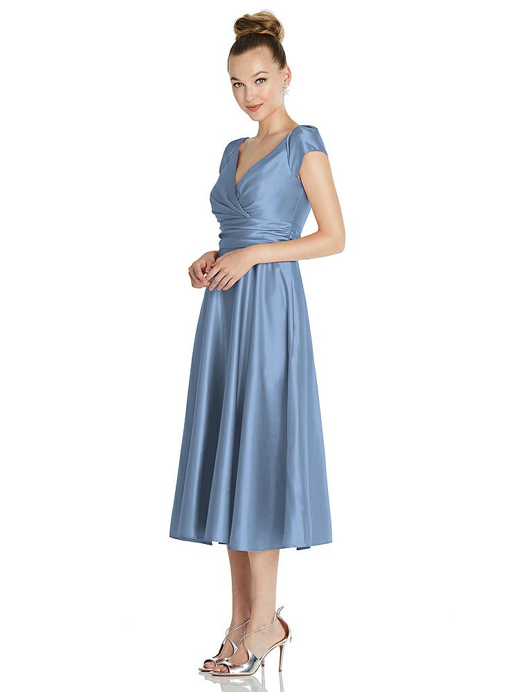 【STYLE: TH091】Cap Sleeve Faux Wrap Satin Midi Dress with Pockets【COLOR: Windsor Blue】