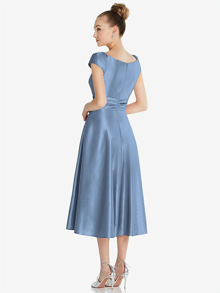 【STYLE: TH091】Cap Sleeve Faux Wrap Satin Midi Dress with Pockets【COLOR: Windsor Blue】