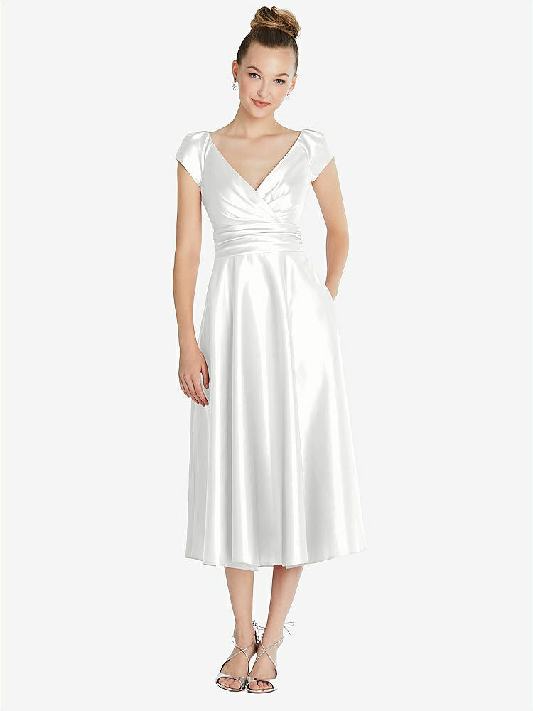 【STYLE: TH091】Cap Sleeve Faux Wrap Satin Midi Dress with Pockets【COLOR: White】