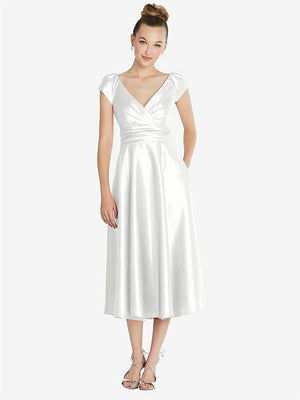 【STYLE: TH091】Cap Sleeve Faux Wrap Satin Midi Dress with Pockets【COLOR: White】