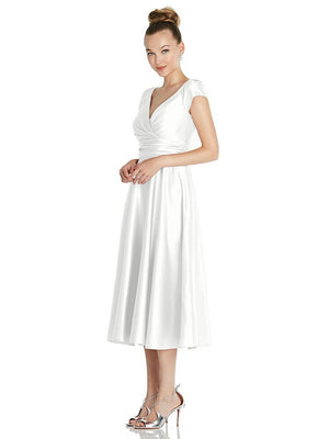 【STYLE: TH091】Cap Sleeve Faux Wrap Satin Midi Dress with Pockets【COLOR: White】