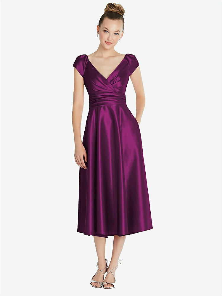 【STYLE: TH091】Cap Sleeve Faux Wrap Satin Midi Dress with Pockets【COLOR: Wild Berry】