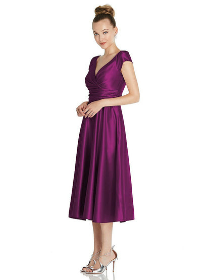 【STYLE: TH091】Cap Sleeve Faux Wrap Satin Midi Dress with Pockets【COLOR: Wild Berry】