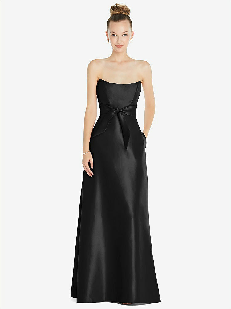 【STYLE: D828】Basque-Neck Strapless Satin Gown with Mini Sash【COLOR: Black】