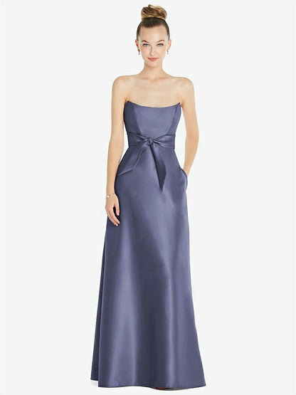 【NEW】【STYLE: D828】バスクネック ストラップレス サテン ガウン ミニ サッシ【COLOR: French Blue】【SIZE: 00-30W】