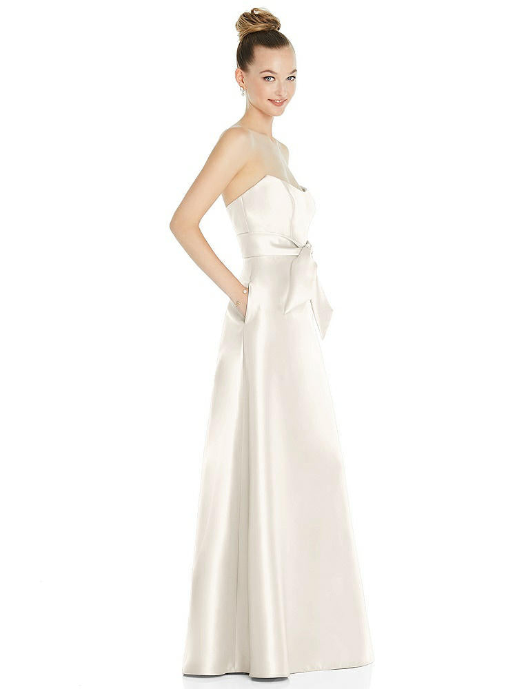 【STYLE: D828】Basque-Neck Strapless Satin Gown with Mini Sash【COLOR: Ivory】