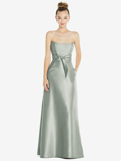 【NEW】【STYLE: D828】バスクネック ストラップレス サテン ガウン ミニ サッシ【COLOR: Willow Green】【SIZE: 00-30W】
