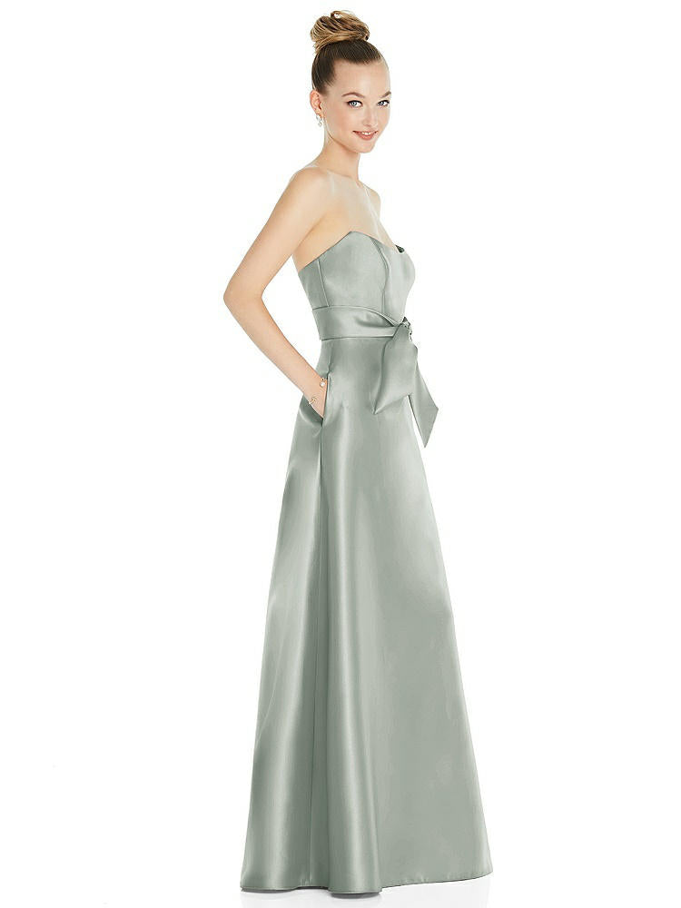 【NEW】【STYLE: D828】バスクネック ストラップレス サテン ガウン ミニ サッシ【COLOR: Willow Green】【SIZE: 00-30W】