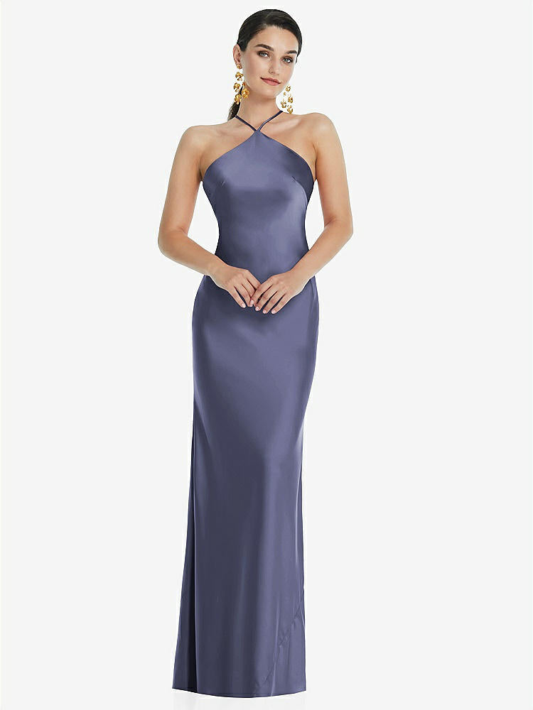 【STYLE: LB041】Diamond Halter Bias Maxi Slip Dress with Convertible Straps【COLOR: French Blue】