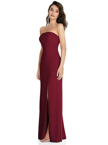 【NEW】【STYLE: TH089】ストラップレス スクープ 背面 マキシ ドレス 前面 スリット【COLOR: Burgundy】【SIZE: 00-30W】