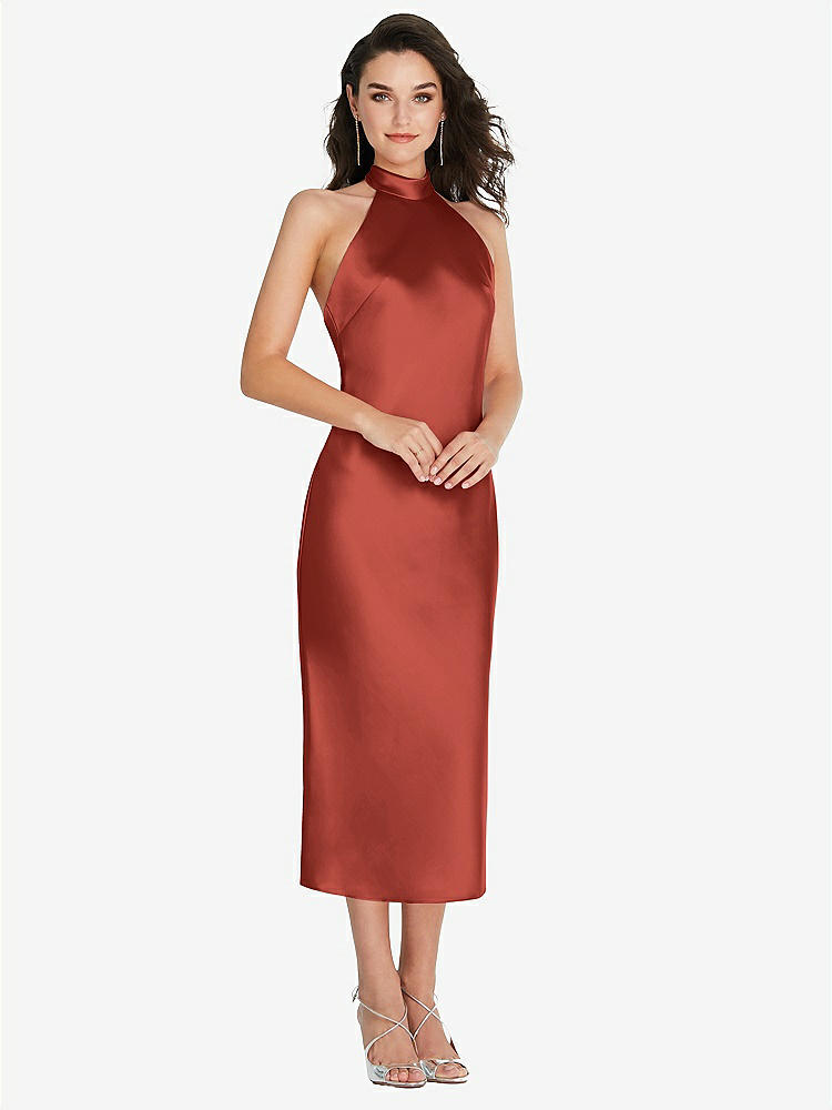 【STYLE: 8222】Scarf Tie High-Neck Halter Midi Slip Dress【COLOR: Amber Sunset】