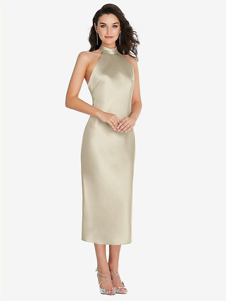 【STYLE: 8222】Scarf Tie High-Neck Halter Midi Slip Dress【COLOR: Champagne】