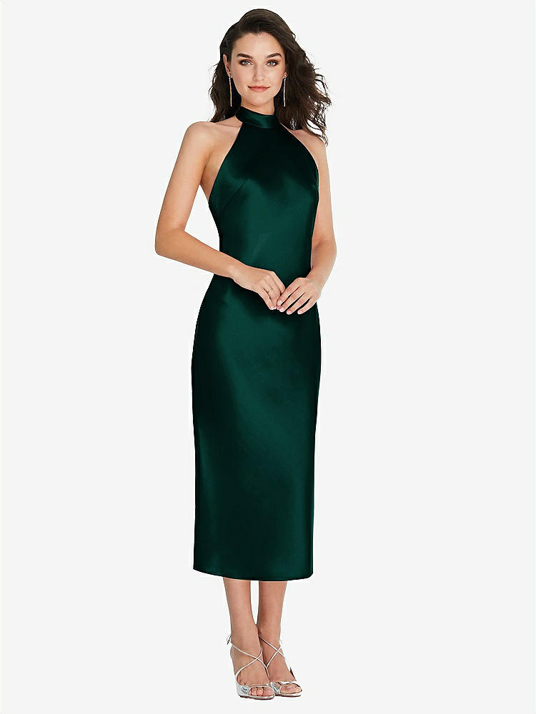 【STYLE: 8222】Scarf Tie High-Neck Halter Midi Slip Dress【COLOR: Evergreen】