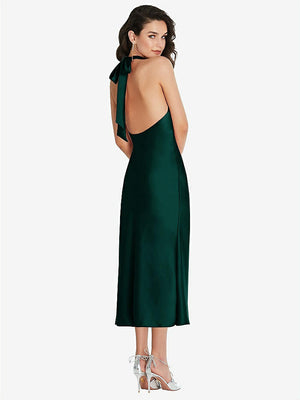 【STYLE: 8222】Scarf Tie High-Neck Halter Midi Slip Dress【COLOR: Evergreen】