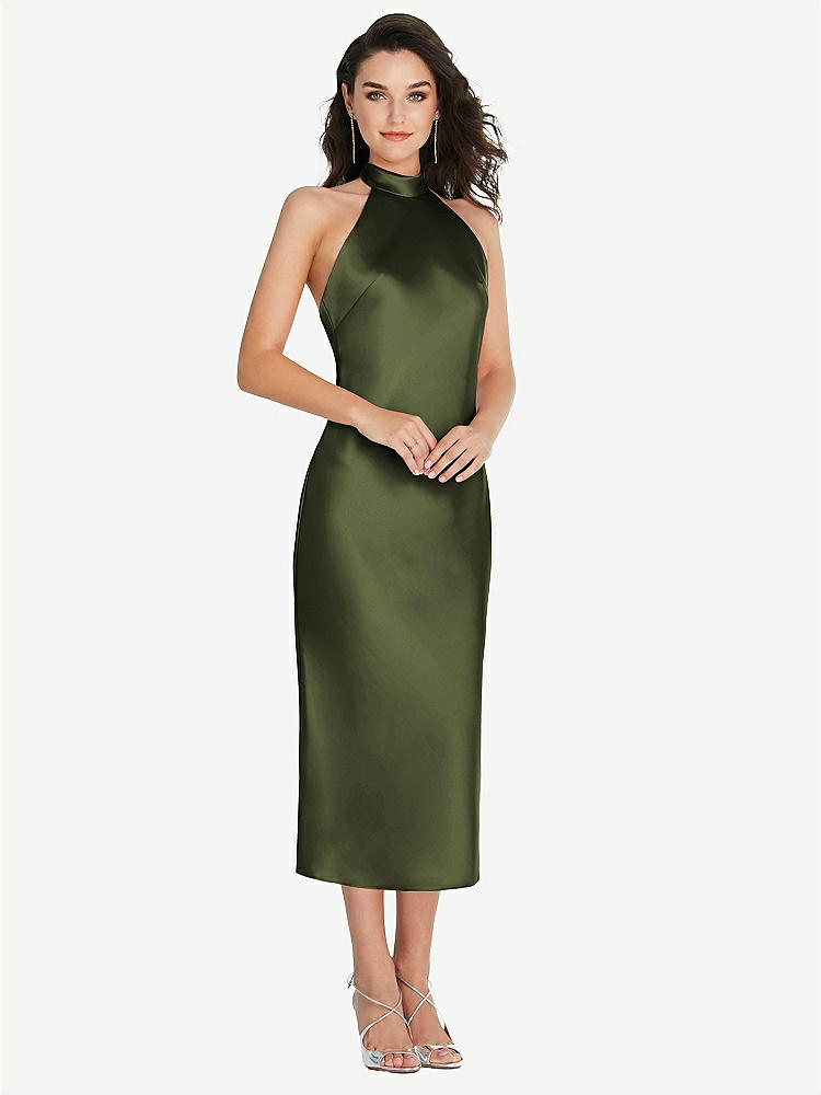 【STYLE: 8222】Scarf Tie High-Neck Halter Midi Slip Dress【COLOR: Olive Green】