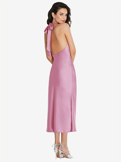 【STYLE: 8222】Scarf Tie High-Neck Halter Midi Slip Dress【COLOR: Powder Pink】