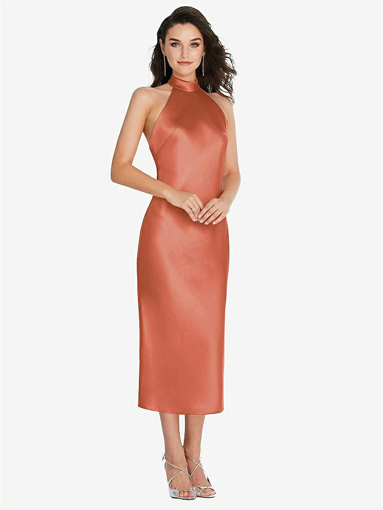 【STYLE: 8222】Scarf Tie High-Neck Halter Midi Slip Dress【COLOR: Terracotta Copper】