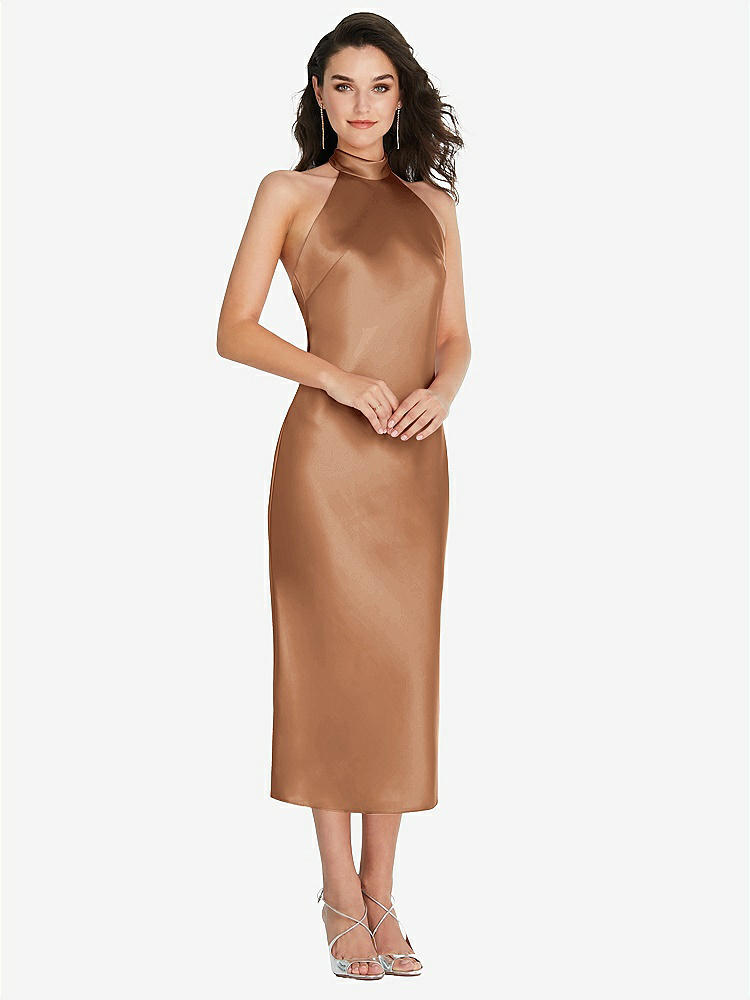 【STYLE: 8222】Scarf Tie High-Neck Halter Midi Slip Dress【COLOR: Toffee】